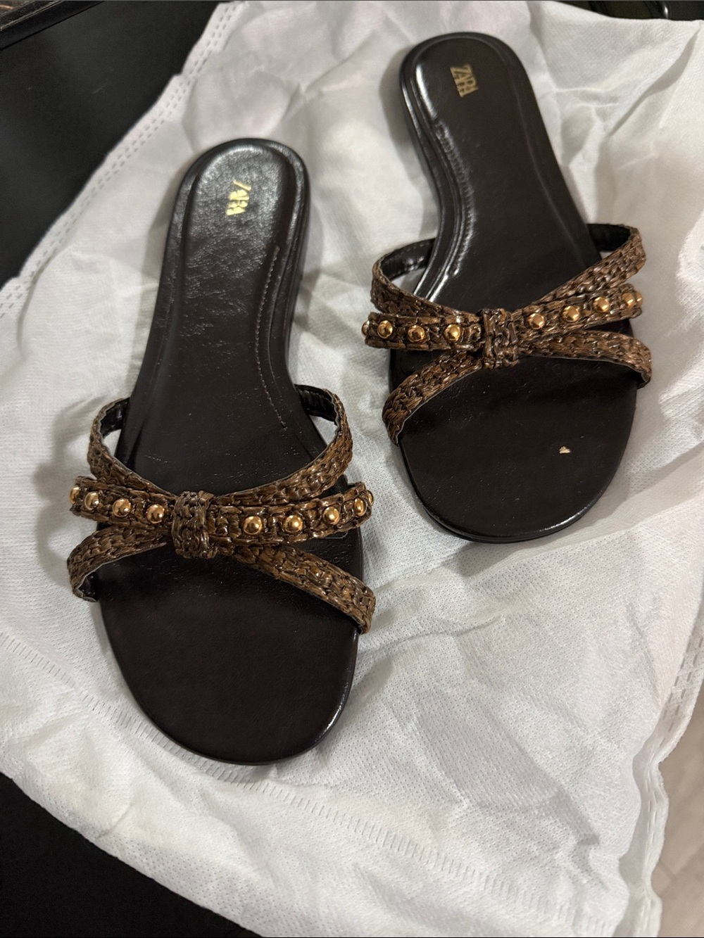 Zara Braided Brown Slide Sandals with Gold Studs RUNS SMALL